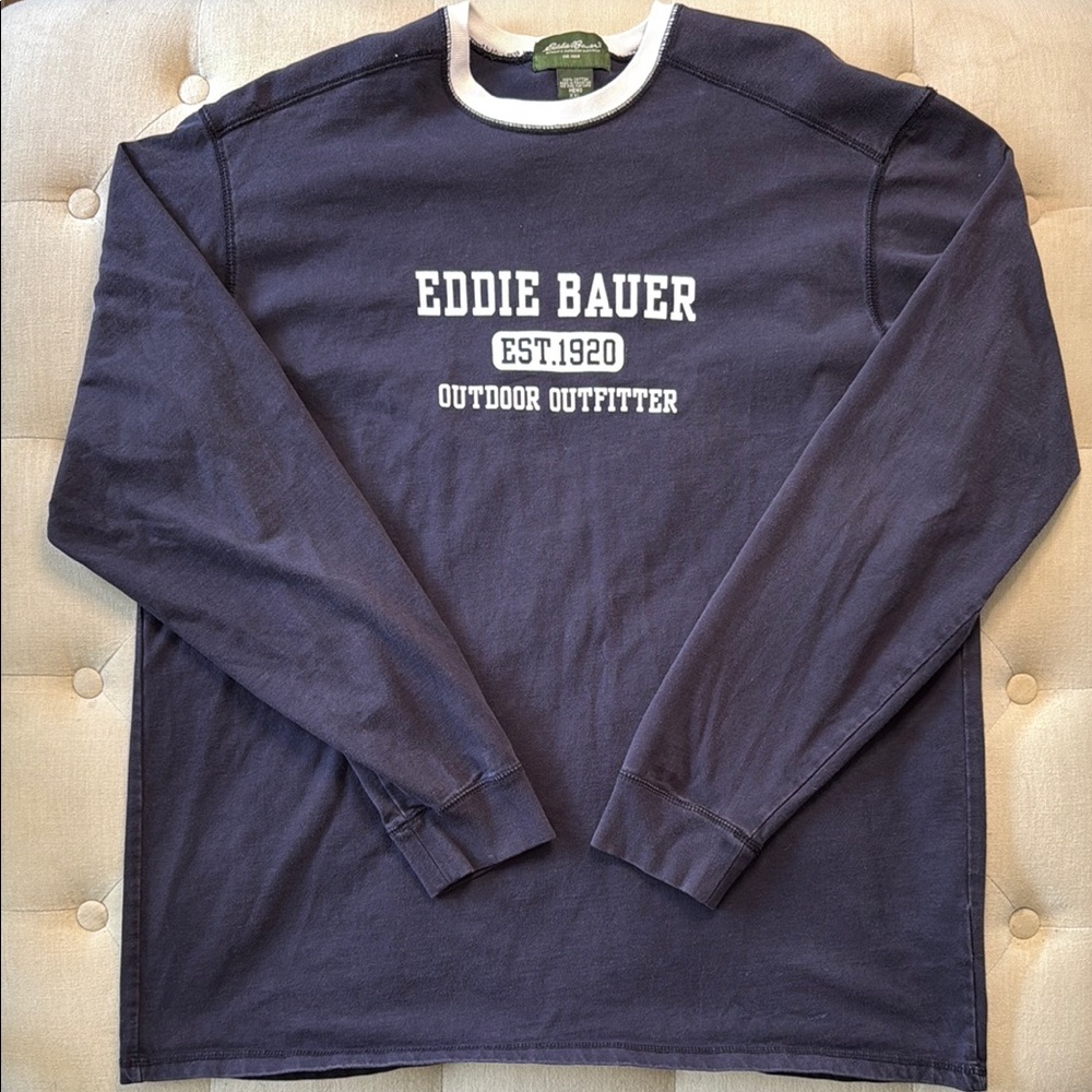 Vintage Eddie Bauer Men's Navy Long Sleeve Shirt